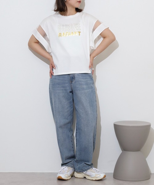 アンナニコラ Anna Nicola シアー切り替え箔ロゴ半袖Tシャツ （オフホワイト） セール】Anna Nicola シアー切り替え箔ロゴ半袖Tシャツ（Tシャツ