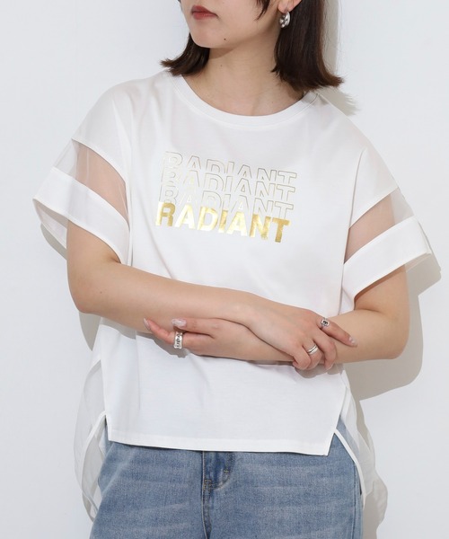 アンナニコラ Anna Nicola シアー切り替え箔ロゴ半袖Tシャツ （オフホワイト） セール】Anna Nicola シアー切り替え箔ロゴ半袖Tシャツ（Tシャツ