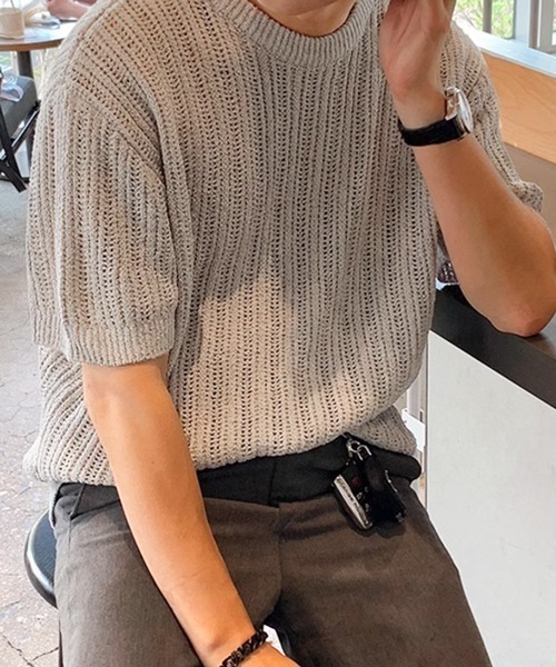 NOWLE（ノウル）の「【NOWLE】リラックスフィット 透かし編み 半袖 サマー ニット（ニット/セーター・メンズ・ブラック/グレー・MEDIUM/LARGE/X-LARGE）」の7枚目の写真