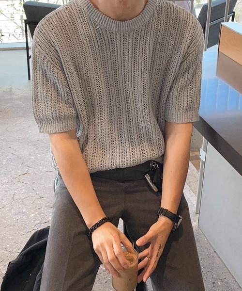 NOWLE（ノウル）の「【NOWLE】リラックスフィット 透かし編み 半袖 サマー ニット（ニット/セーター・メンズ・ブラック/グレー・MEDIUM/LARGE/X-LARGE）」の9枚目の写真