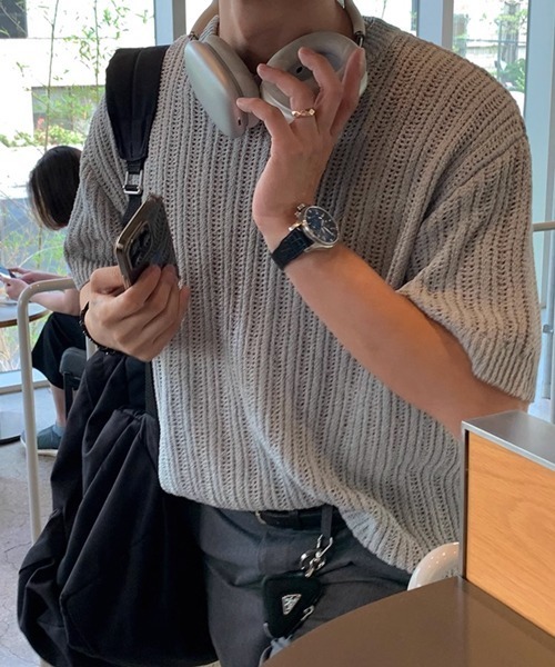 NOWLE（ノウル）の「【NOWLE】リラックスフィット 透かし編み 半袖 サマー ニット（ニット/セーター・メンズ・ブラック/グレー・MEDIUM/LARGE/X-LARGE）」の15枚目の写真