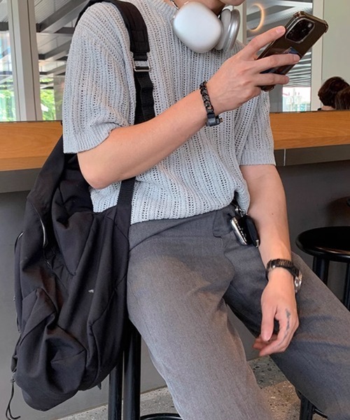 NOWLE（ノウル）の「【NOWLE】リラックスフィット 透かし編み 半袖 サマー ニット（ニット/セーター・メンズ・ブラック/グレー・MEDIUM/LARGE/X-LARGE）」の17枚目の写真