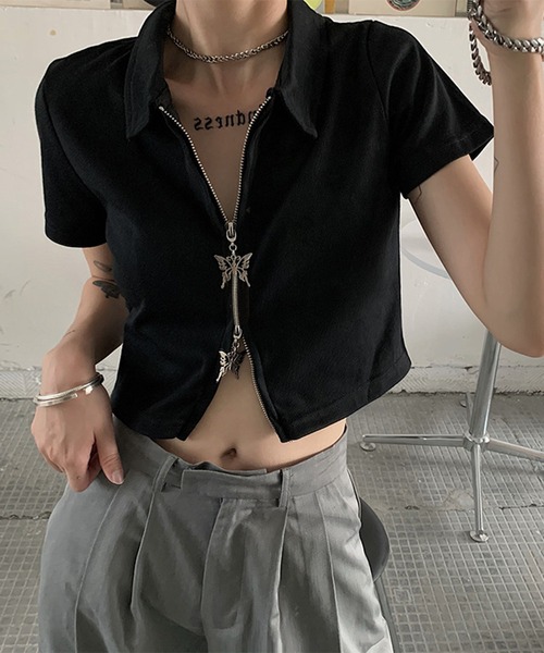 NARULA/ナルラ]Y2K 蝶チャームジップ ショート丈 トップス(CZ