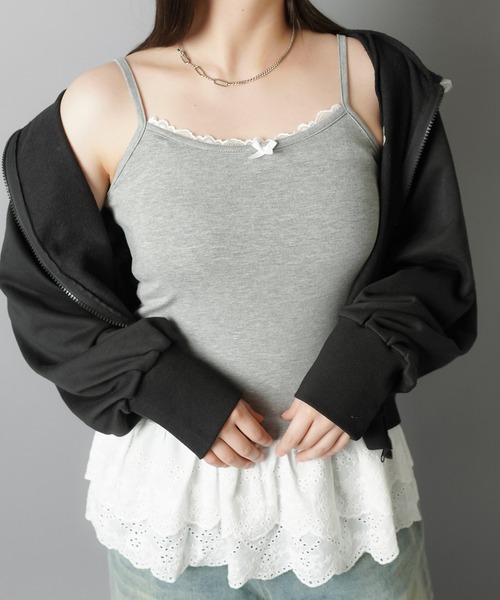 SPINNS(スピンズ)の「レイヤード風ヘムレース/裾レースキャミソール/リボン(キャミソール・レディース・杢グレー/オフホワイト・ONESIZE)」の6枚目の写真