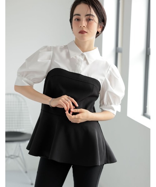ブラウス シャツ 「2025SS COLLECTION」「MEISM by Re:EDIT」異素材ドッキングペプラムシャツブラウス レディース 2025SS COLLECTION][MEISM by Re:EDIT]異素材ドッキングペプラム