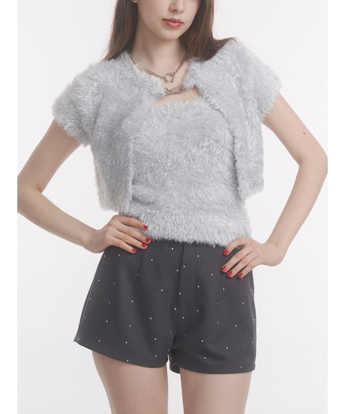 jouetie（ジュエティ）の「ハーフスリーブラメニットアンサンブル（アンサンブル・レディース・ピンク/ブラック/オフホワイト・MEDIUM）」の2枚目の写真