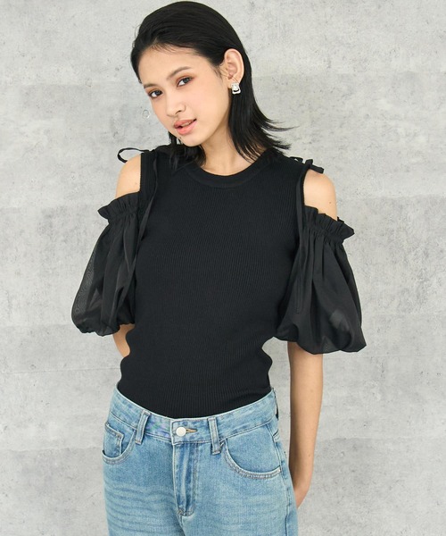 ODAKHA editforlulu パフスリーブ トップス black FLUTED SHORT PUFF SLEEVE CROPPED TOP