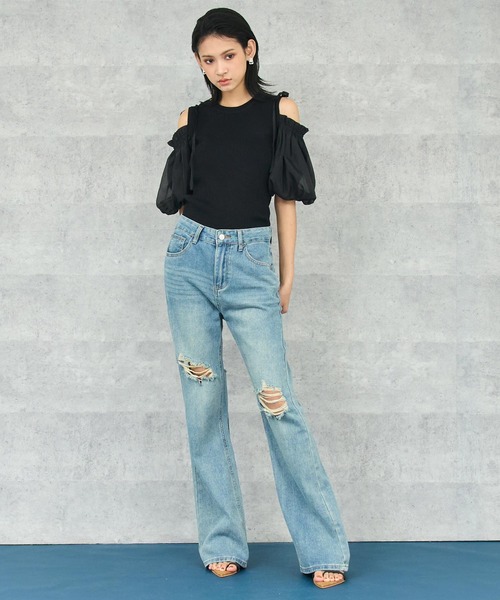 ANAP(アナップ)の「オープン ショルダー パフスリーブ シフォン ドッキング トップス(Tシャツ/カットソー・レディース・ブラック/ブルー/オフホワイト・FREE)」の10枚目の写真