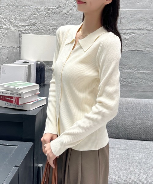 Eclat one（エクラワン）の「【Eclat one】襟付き コンパクト リブ ニット（カーディガン/ボレロ・レディース・アイボリー/ライトブルー/ブラック/グレー・FREE）」の21枚目の写真