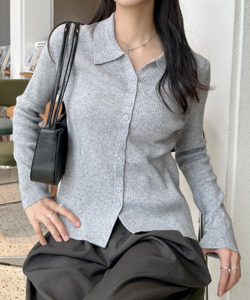 Eclat one（エクラワン）の「【Eclat one】襟付き コンパクト リブ ニット（カーディガン/ボレロ・レディース・アイボリー/ライトブルー/ブラック/グレー・FREE）」の15枚目の写真
