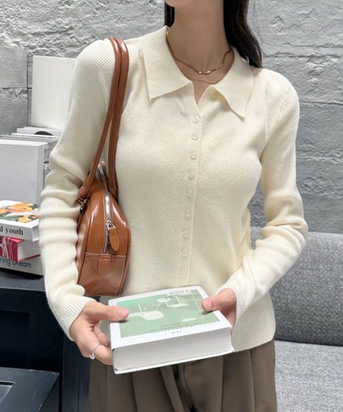Eclat one（エクラワン）の「【Eclat one】襟付き コンパクト リブ ニット（カーディガン/ボレロ・レディース・アイボリー/ライトブルー/ブラック/グレー・FREE）」の19枚目の写真