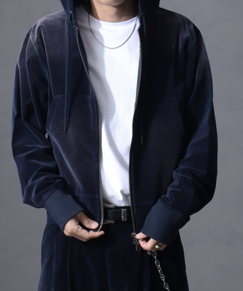 welise（ウェライズ）の「【welise/ウェライズ】ヴィンテージベルベット ボクシーショートパーカー（パーカー・メンズ・ブラック/チャコールグレー/ワイン/ネイビー・S/L/M）」の3枚目の写真