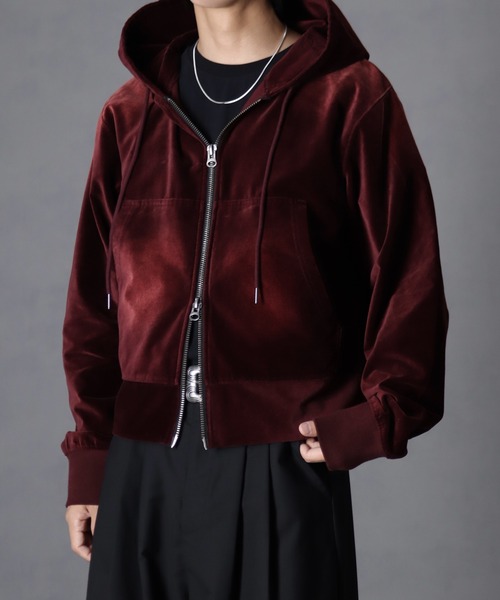 welise（ウェライズ）の「【welise/ウェライズ】ヴィンテージベルベット ボクシーショートパーカー（パーカー・メンズ・ブラック/チャコールグレー/ワイン/ネイビー・S/L/M）」の4枚目の写真