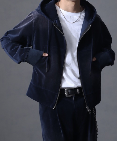 welise（ウェライズ）の「【welise/ウェライズ】ヴィンテージベルベット ボクシーショートパーカー（パーカー・メンズ・ブラック/チャコールグレー/ワイン/ネイビー・S/L/M）」の22枚目の写真