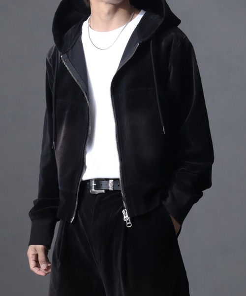 welise（ウェライズ）の「【welise/ウェライズ】ヴィンテージベルベット ボクシーショートパーカー（パーカー・メンズ・ブラック/チャコールグレー/ワイン/ネイビー・S/L/M）」の9枚目の写真