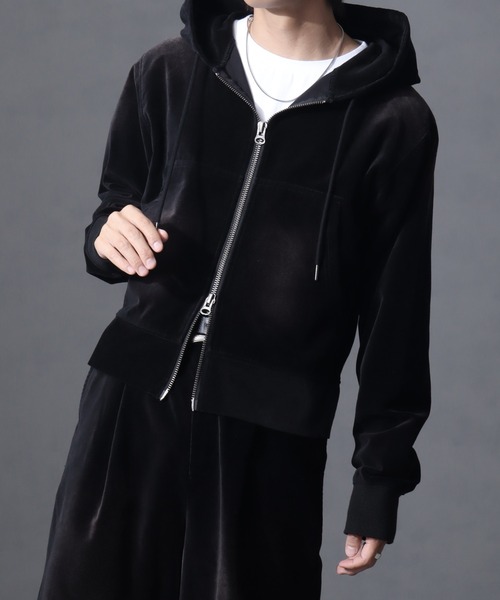 welise（ウェライズ）の「【welise/ウェライズ】ヴィンテージベルベット ボクシーショートパーカー（パーカー・メンズ・ブラック/チャコールグレー/ワイン/ネイビー・S/L/M）」の7枚目の写真