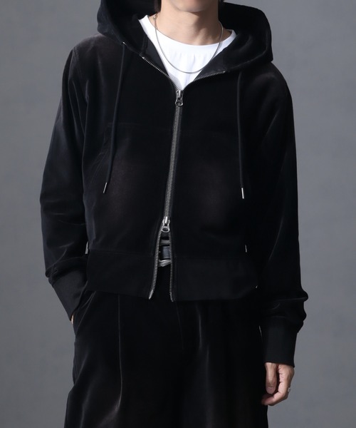 welise（ウェライズ）の「【welise/ウェライズ】ヴィンテージベルベット ボクシーショートパーカー（パーカー・メンズ・ブラック/チャコールグレー/ワイン/ネイビー・S/L/M）」の6枚目の写真