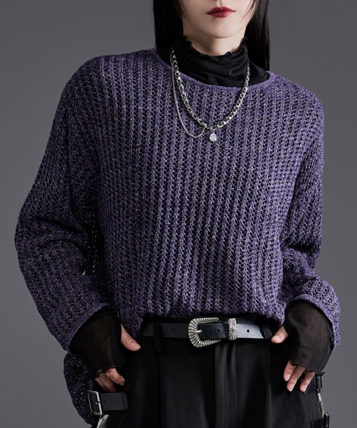 Ellno Loset(エルノロゼット)の「ラメモールメッシュルーズニット(ニット/セーター・メンズ・パープル/ブラック・MEDIUM/LARGE)」の2枚目の写真