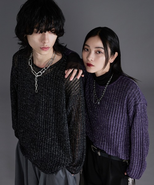 Ellno Loset(エルノロゼット)の「ラメモールメッシュルーズニット(ニット/セーター・メンズ・パープル/ブラック・MEDIUM/LARGE)」の3枚目の写真