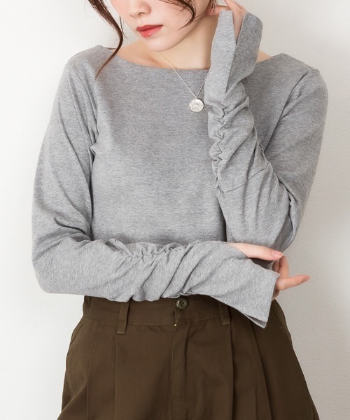 RCD（アールシーディー）の「ボートネック指空きTシャツ（Tシャツ/カットソー・レディース・ブラック/グレイッシュベージュ/チャコールグレー/杢グレー/ネイビー/カーキ/ブルーグレー/ピンク系その他/オフホワイト・3L/4L/LL/M/L）」の5枚目の写真