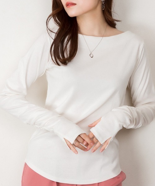 RCD（アールシーディー）の「ボートネック指空きTシャツ（Tシャツ/カットソー・レディース・ブラック/グレイッシュベージュ/チャコールグレー/杢グレー/ネイビー/カーキ/ブルーグレー/ピンク系その他/オフホワイト・3L/4L/LL/M/L）」の2枚目の写真