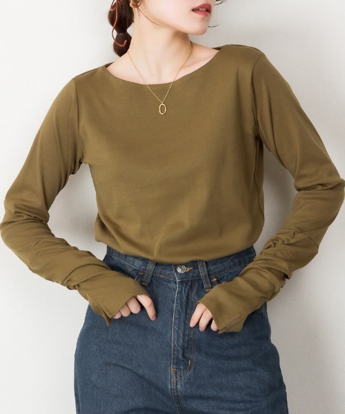 RCD（アールシーディー）の「ボートネック指空きTシャツ（Tシャツ/カットソー・レディース・ブラック/グレイッシュベージュ/チャコールグレー/杢グレー/ネイビー/カーキ/ブルーグレー/ピンク系その他/オフホワイト・3L/4L/LL/M/L）」の7枚目の写真