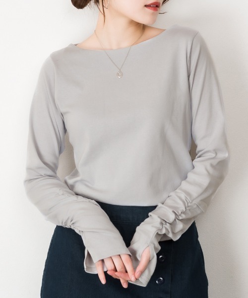 RCD（アールシーディー）の「ボートネック指空きTシャツ（Tシャツ/カットソー・レディース・ブラック/グレイッシュベージュ/チャコールグレー/杢グレー/ネイビー/カーキ/ブルーグレー/ピンク系その他/オフホワイト・3L/4L/LL/M/L）」の4枚目の写真