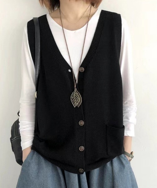 Miniministore（ミニミニストア）の「ニットベスト レディース 前開きチョッキ（ベスト・レディース・ブラック/ブラウン/グレー/グリーン/ライトベージュ/ダークベージュ・FREE）」の2枚目の写真