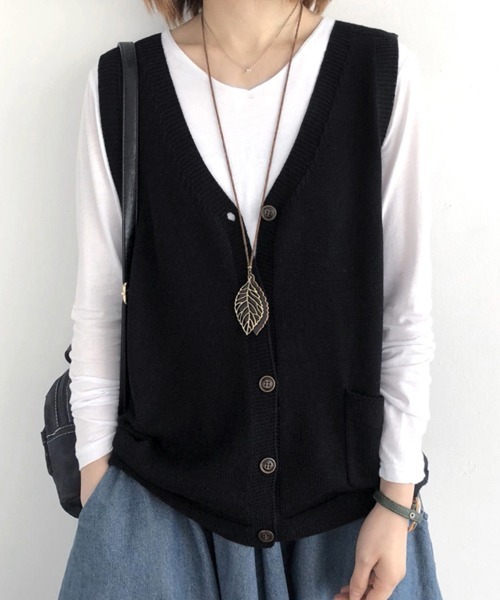Miniministore（ミニミニストア）の「ニットベスト レディース 前開きチョッキ（ベスト・レディース・ブラック/ブラウン/グレー/グリーン/ライトベージュ/ダークベージュ・FREE）」の7枚目の写真