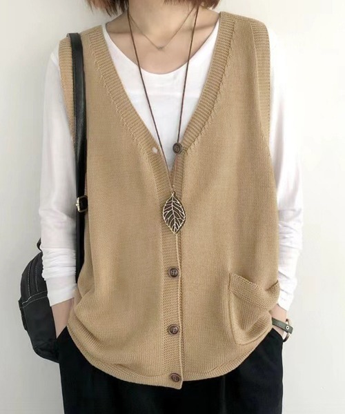 Miniministore（ミニミニストア）の「ニットベスト レディース 前開きチョッキ（ベスト・レディース・ブラック/ブラウン/グレー/グリーン/ライトベージュ/ダークベージュ・FREE）」の8枚目の写真