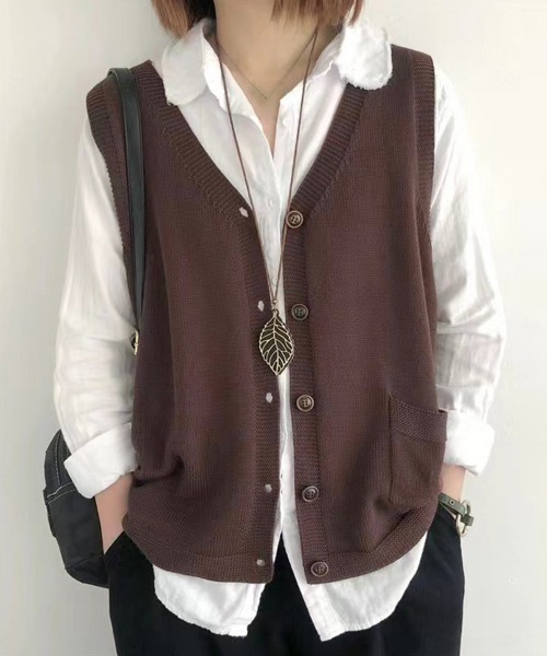 Miniministore（ミニミニストア）の「ニットベスト レディース 前開きチョッキ（ベスト・レディース・ブラック/ブラウン/グレー/グリーン/ライトベージュ/ダークベージュ・FREE）」の13枚目の写真