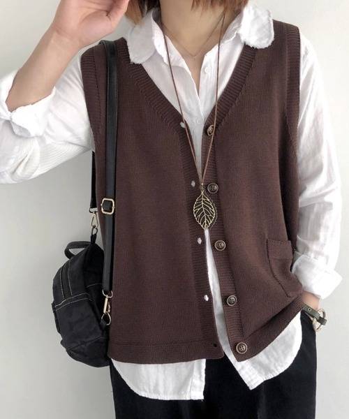 Miniministore（ミニミニストア）の「ニットベスト レディース 前開きチョッキ（ベスト・レディース・ブラック/ブラウン/グレー/グリーン/ライトベージュ/ダークベージュ・FREE）」の14枚目の写真