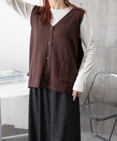Miniministore（ミニミニストア）の「ニットベスト レディース 前開きチョッキ（ベスト・レディース・ブラック/ブラウン/グレー/グリーン/ライトベージュ/ダークベージュ・FREE）」の18枚目の写真