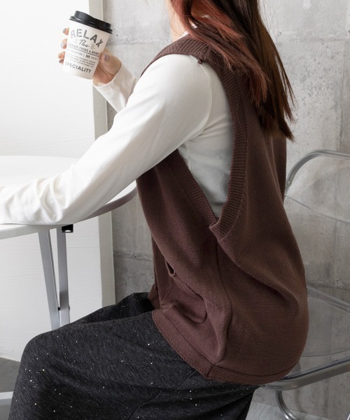Miniministore（ミニミニストア）の「ニットベスト レディース 前開きチョッキ（ベスト・レディース・ブラック/ブラウン/グレー/グリーン/ライトベージュ/ダークベージュ・FREE）」の19枚目の写真