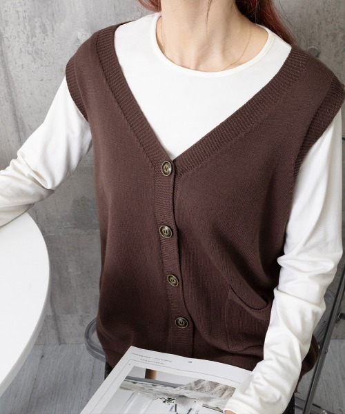 Miniministore（ミニミニストア）の「ニットベスト レディース 前開きチョッキ（ベスト・レディース・ブラック/ブラウン/グレー/グリーン/ライトベージュ/ダークベージュ・FREE）」の21枚目の写真