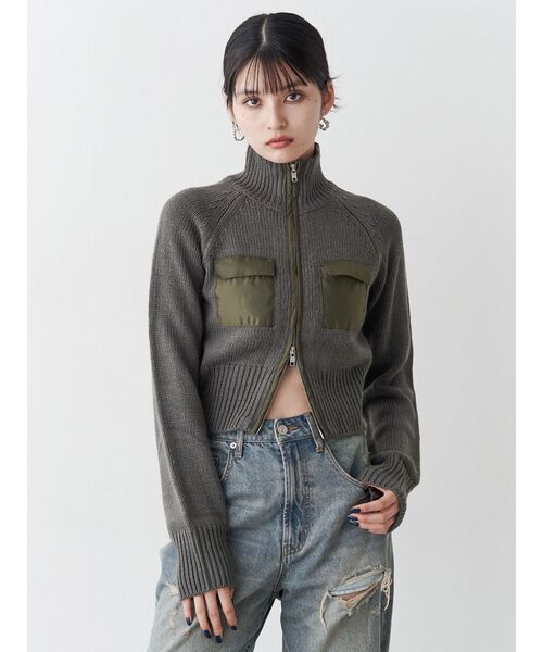 MURUA(ムルーア)の「マテリアルジップアップニット(ニット/セーター・レディース・ダークグレー/カーキ・FREE)」の3枚目の写真