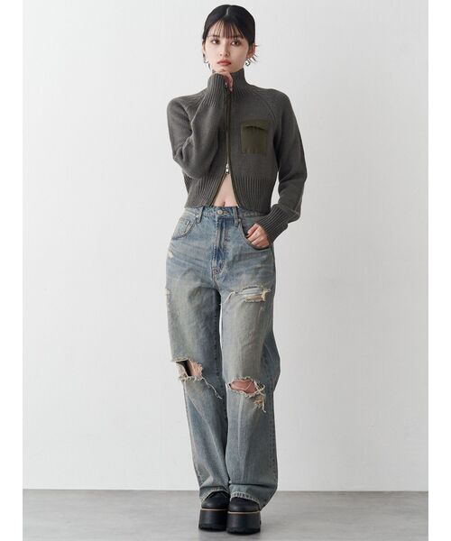 MURUA(ムルーア)の「マテリアルジップアップニット(ニット/セーター・レディース・ダークグレー/カーキ・FREE)」の6枚目の写真