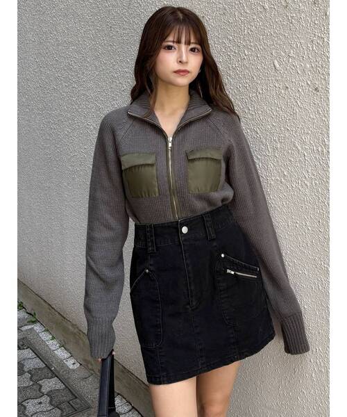 MURUA(ムルーア)の「マテリアルジップアップニット(ニット/セーター・レディース・ダークグレー/カーキ・FREE)」の15枚目の写真