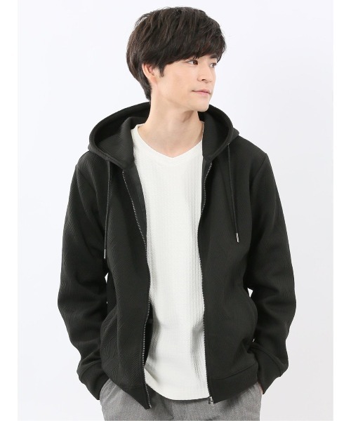 m.f.editorial（エムエフエディトリアル）の「【ストレッチ】m.f.エディトリアル メンズ ふくれジャガード 長袖 フルジップ パーカー（パーカー・メンズ・ホワイト/ブラック・LARGE/X-LARGE/MEDIUM）」の2枚目の写真