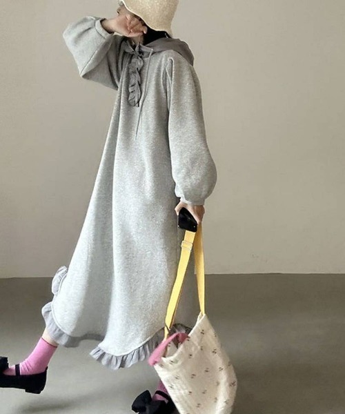 【portulaca】フリルスウェットフードワンピース