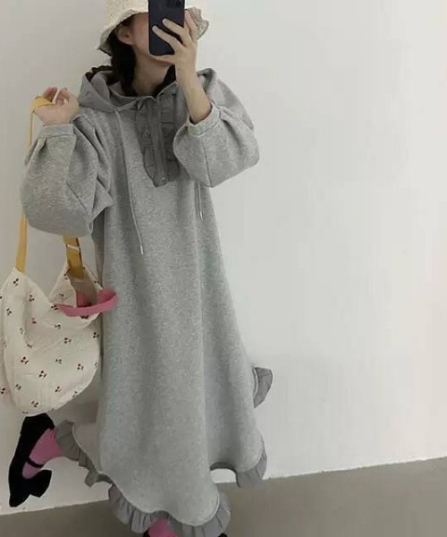 【portulaca】フリルスウェットフードワンピース