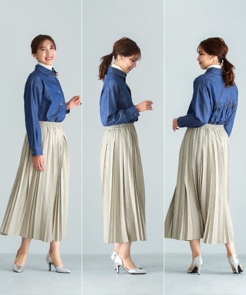 Emilyan（エミリアン）の「【 一枚で着映える 】 ピーチスキン・変形アコーディオンプリーツスカート（スカート・レディース・チャコールグレー/グレイッシュベージュ・M）」の13枚目の写真