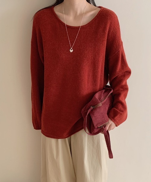 セーター レディース トップス 長袖 ニット ラウンドネック 丸首 ダイヤモンド柄 大人スタイル カジュアル オレンジ ブラック お出かけファッション/ セール】ラウンドネックルーズニット ラウンドネック ニット ドロップ