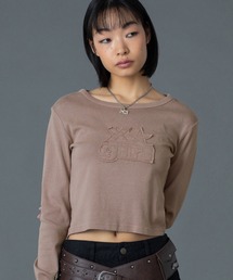 X-girl トップス　ブラウン X-girl（エックスガール）の「COLLEGE LOGO L/S COMPACT TOP（Tシャツ