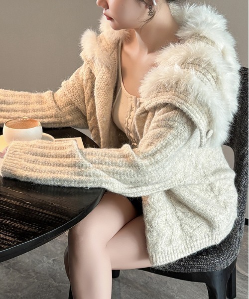 セール】ビック衿ファーニットカーディガン（カーディガン/ボレロ