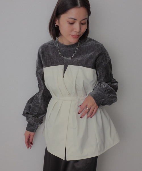 Floran（フローラン）の「ビスチェドッキングペプラムベロアトップス（Tシャツ/カットソー・レディース・アイボリー/ブラック/チャコールグレー・FREE）」の4枚目の写真