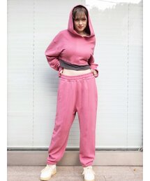 レイヤードクロップフードワイドジョガーパンツセットアップセット-ピンク