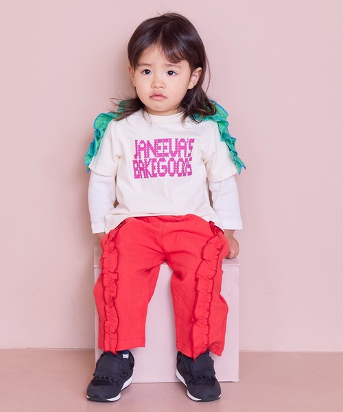 MARKEY'S(マーキーズ)の「チェックショルダーフリルTシャツ(Tシャツ/カットソー・キッズ・オレンジ/オフホワイト/ライトブルー・90/100/110/120/130/140/150)」の2枚目の写真