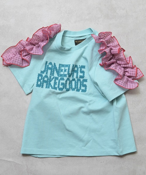 MARKEY'S(マーキーズ)の「チェックショルダーフリルTシャツ(Tシャツ/カットソー・キッズ・オレンジ/オフホワイト/ライトブルー・90/100/110/120/130/140/150)」の3枚目の写真