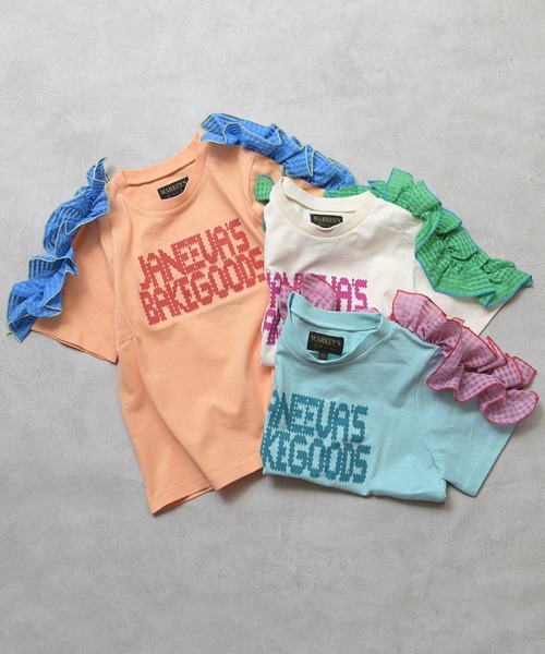 MARKEY'S(マーキーズ)の「チェックショルダーフリルTシャツ(Tシャツ/カットソー・キッズ・オレンジ/オフホワイト/ライトブルー・90/100/110/120/130/140/150)」の4枚目の写真